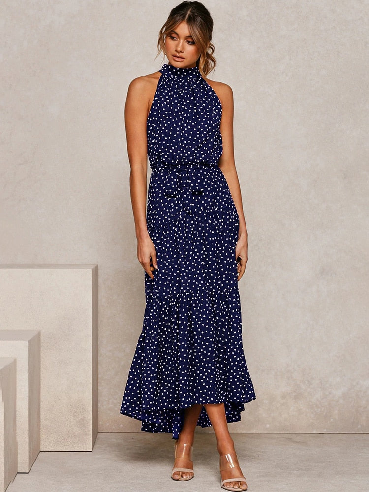 CALORA_ Dames Halter Midi Jurk met Stippenprint en Tailleband