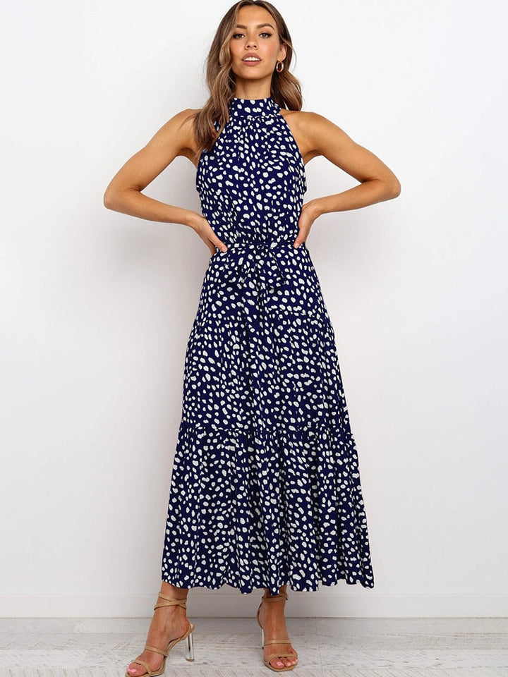 CALORA_ Dames Halter Midi Jurk met Stippenprint en Tailleband