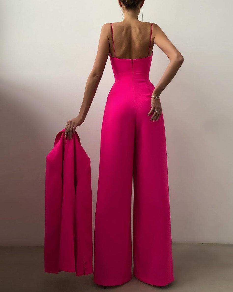 CALORA_ Dames Hoge Taille Spaghetti Band Jumpsuit voor Elegante Look