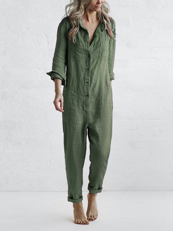 CALORA_ Dames Jumpsuit met Knopen en Lange Mouwen in Relaxed Fit