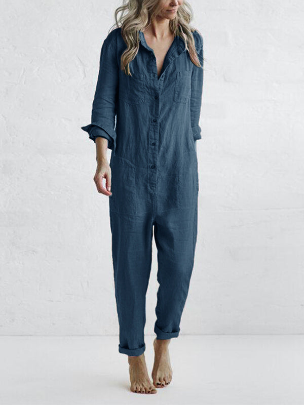 CALORA_ Dames Jumpsuit met Knopen en Lange Mouwen in Relaxed Fit