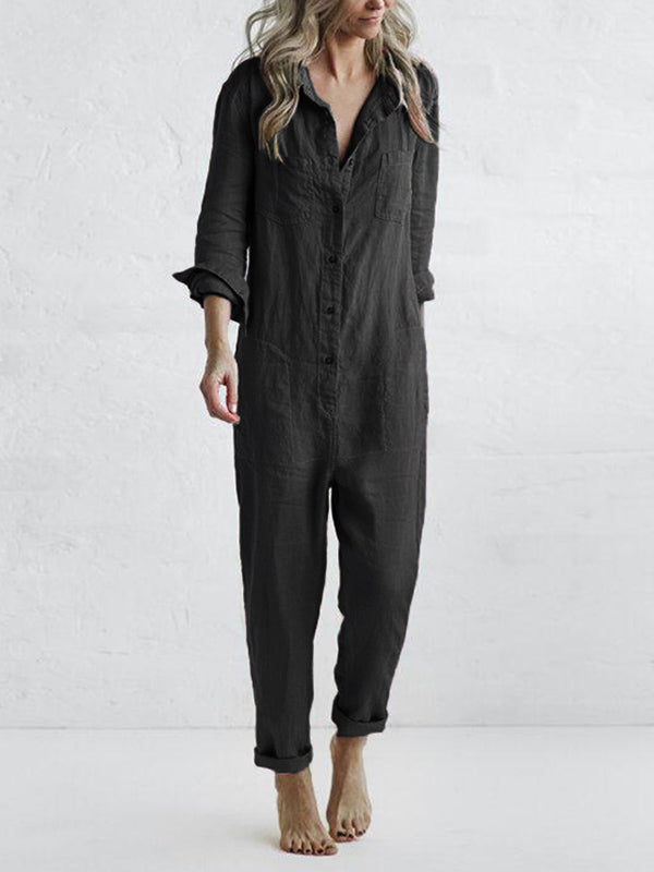 CALORA_ Dames Jumpsuit met Knopen en Lange Mouwen in Relaxed Fit