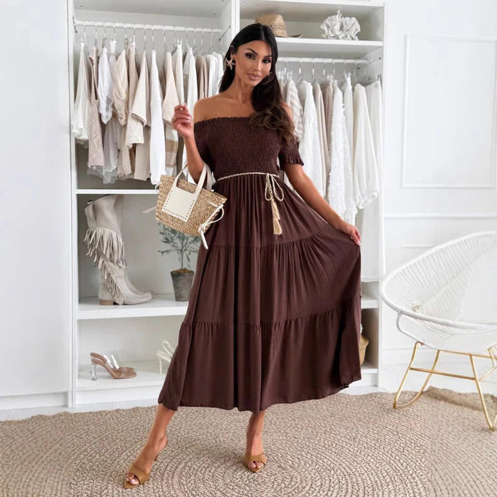 CALORA_ Dames Maxi Jurk met Off-Schouder en Gelaagde Rok met Rimpels