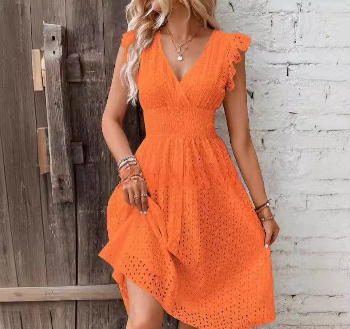 CALORA_ Dames Midi Jurk A-Lijn Pasvorm met Broderie Anglaise en Rimpels