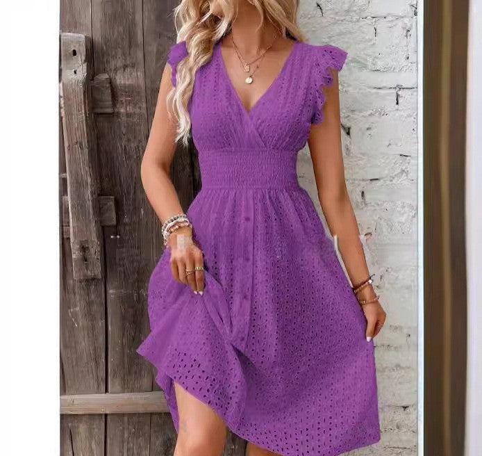 CALORA_ Dames Midi Jurk A-Lijn Pasvorm met Broderie Anglaise en Rimpels