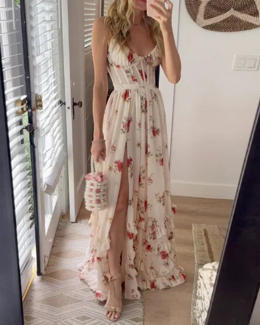 CALORA_ Dames Mouwenloze Kanten Midi Jurk met Bloemenpatroon voor Avondkleding