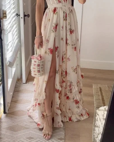 CALORA_ Dames Mouwenloze Kanten Midi Jurk met Bloemenpatroon voor Avondkleding