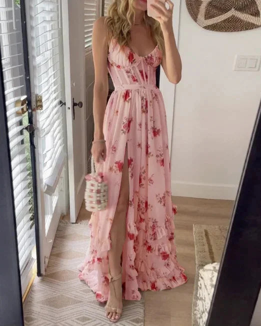 CALORA_ Dames Mouwenloze Kanten Midi Jurk met Bloemenpatroon voor Avondkleding