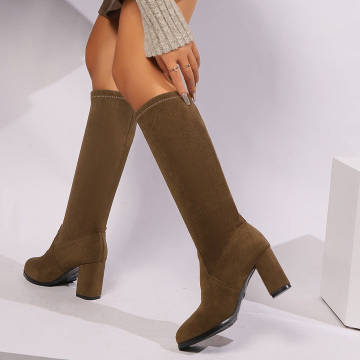 CALORA_ Dames Plus-Size Hoge Winterlaarzen met Ronde Neus en Chunky Hak