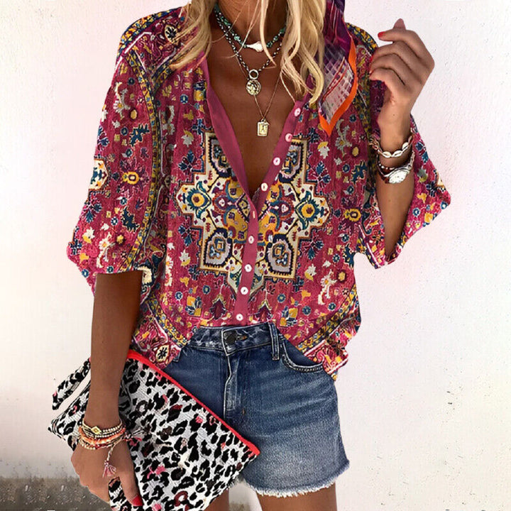 CALORA_ Dames Zomer Blouse met Knoopsluiting en Halflange Mouwen