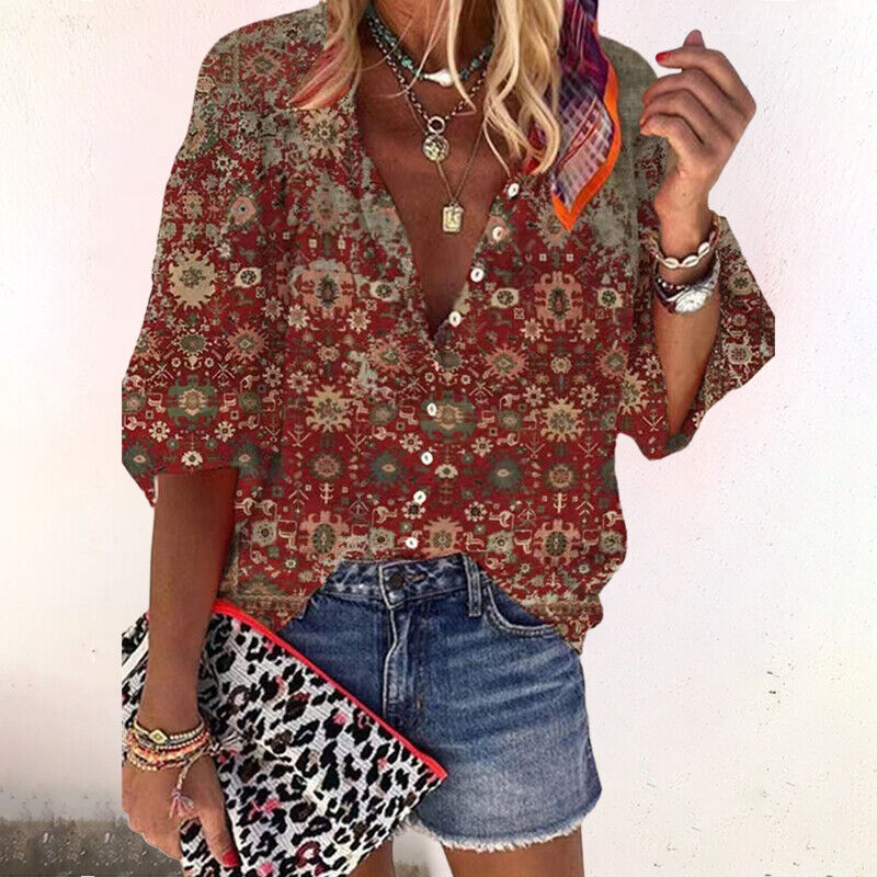 CALORA_ Dames Zomer Blouse met Knoopsluiting en Halflange Mouwen