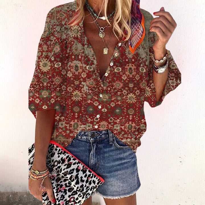 CALORA_ Dames Zomer Blouse met Knoopsluiting en Halflange Mouwen