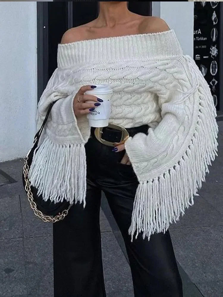CALORA_ Dames off-shoulder kwastjes trui