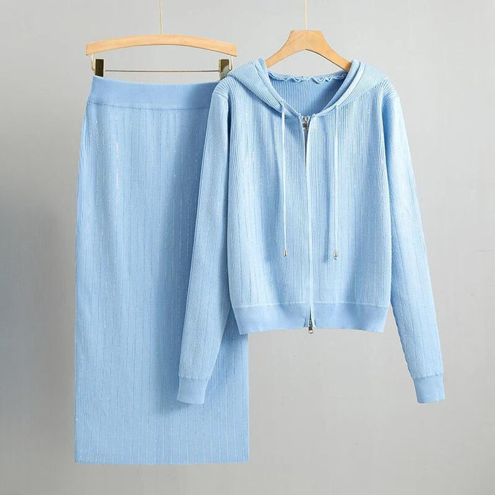 CALORA_ Diamant hoodie vest rok set