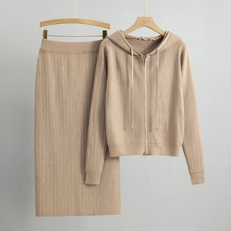 CALORA_ Diamant hoodie vest rok set