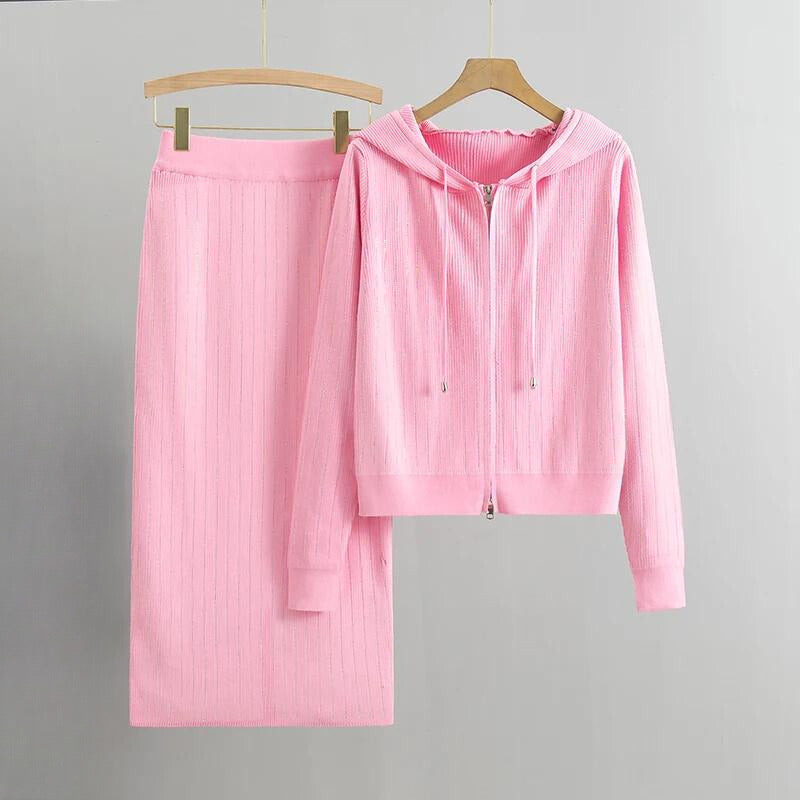CALORA_ Diamant hoodie vest rok set