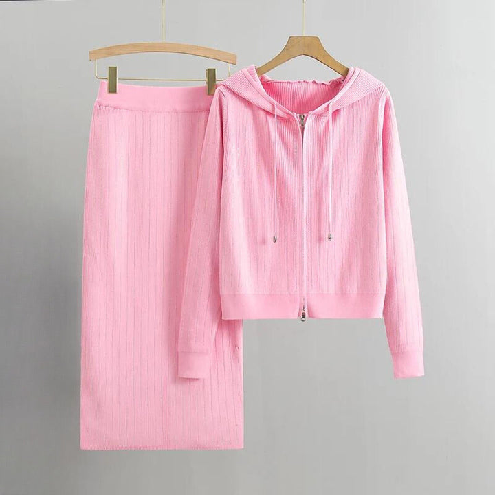 CALORA_ Diamant hoodie vest rok set