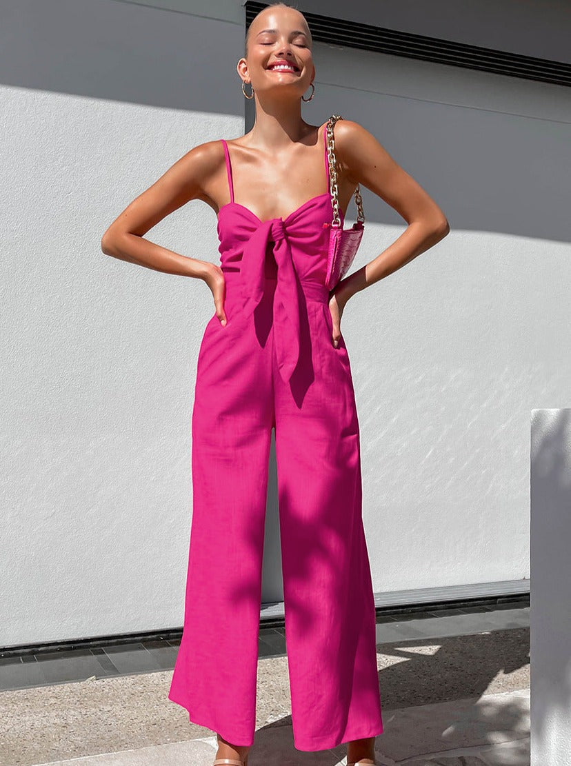 CALORA_ Effen Kleur Mouwloze Riem Jumpsuit voor Vakantie
