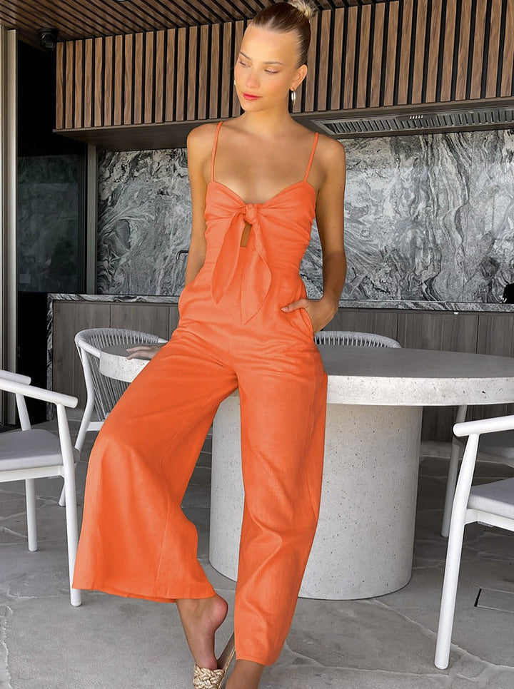 CALORA_ Effen Kleur Mouwloze Riem Jumpsuit voor Vakantie