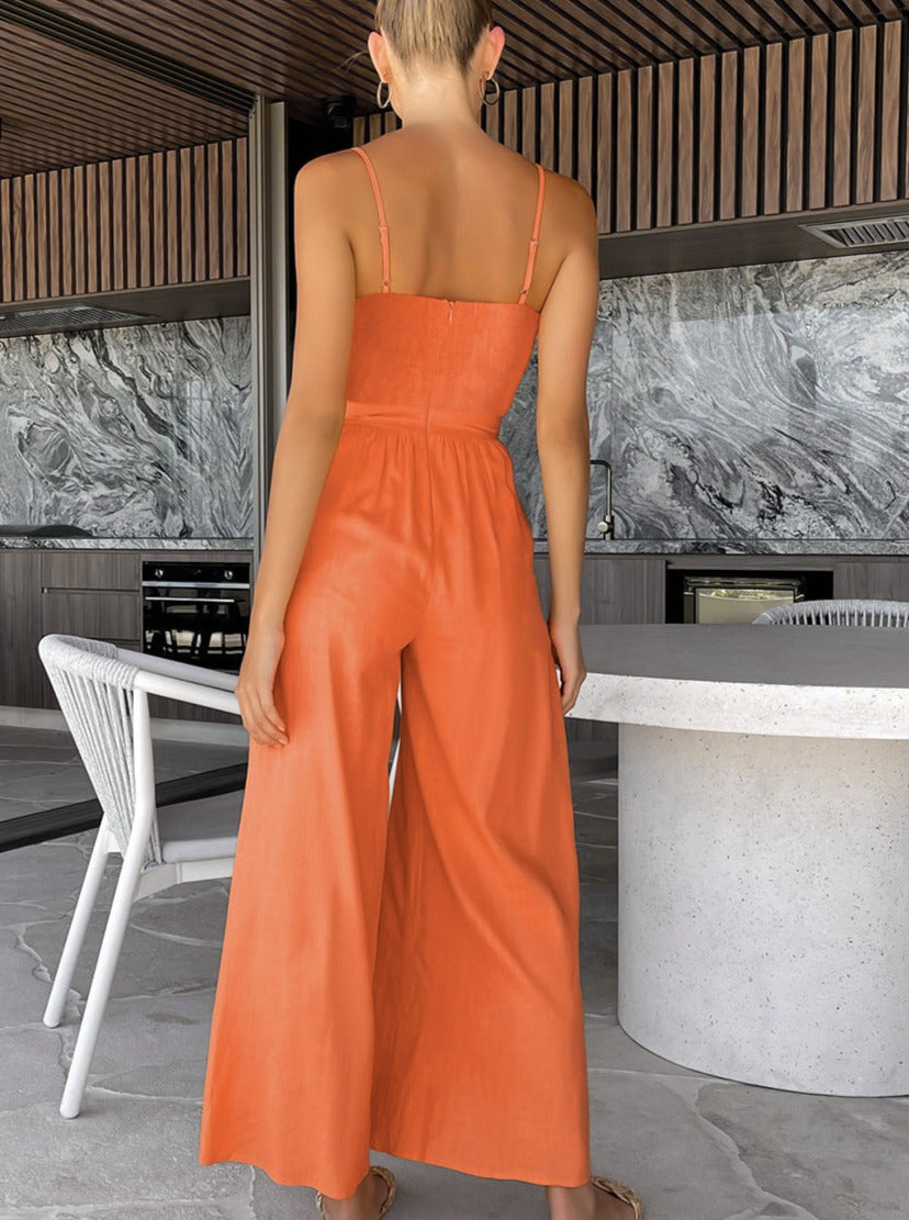 CALORA_ Effen Kleur Mouwloze Riem Jumpsuit voor Vakantie