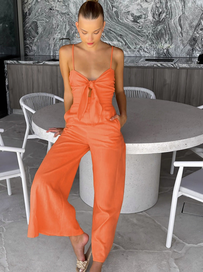 CALORA_ Effen Kleur Mouwloze Riem Jumpsuit voor Vakantie