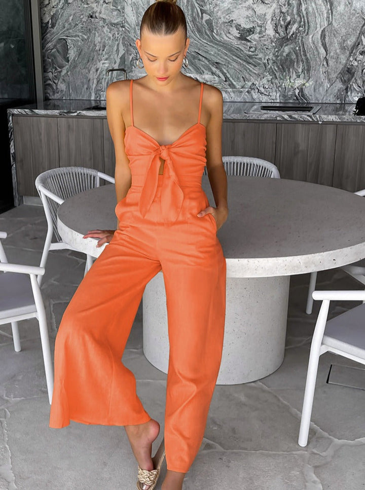 CALORA_ Effen Kleur Mouwloze Riem Jumpsuit voor Vakantie