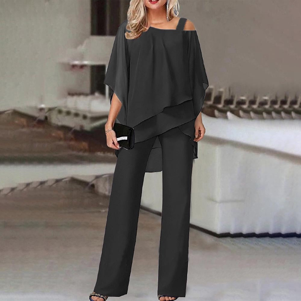 CALORA_ Elegante Dames Twee-delige Set met Koude Schouders en Vloeiende Stof