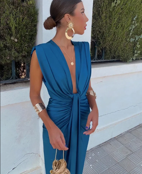CALORA_ Elegante Geplooide Alijnjurk Met Fijnvallende Taille