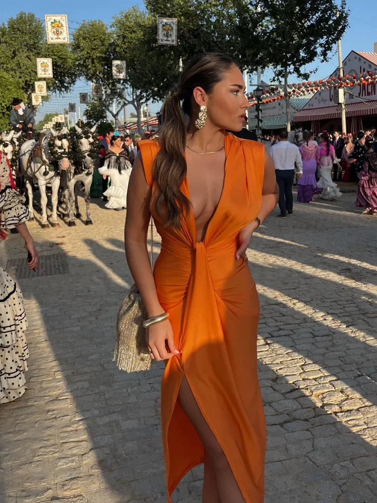 CALORA_ Elegante Geplooide Alijnjurk Met Fijnvallende Taille