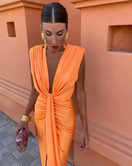 CALORA_ Elegante Geplooide Alijnjurk Met Fijnvallende Taille
