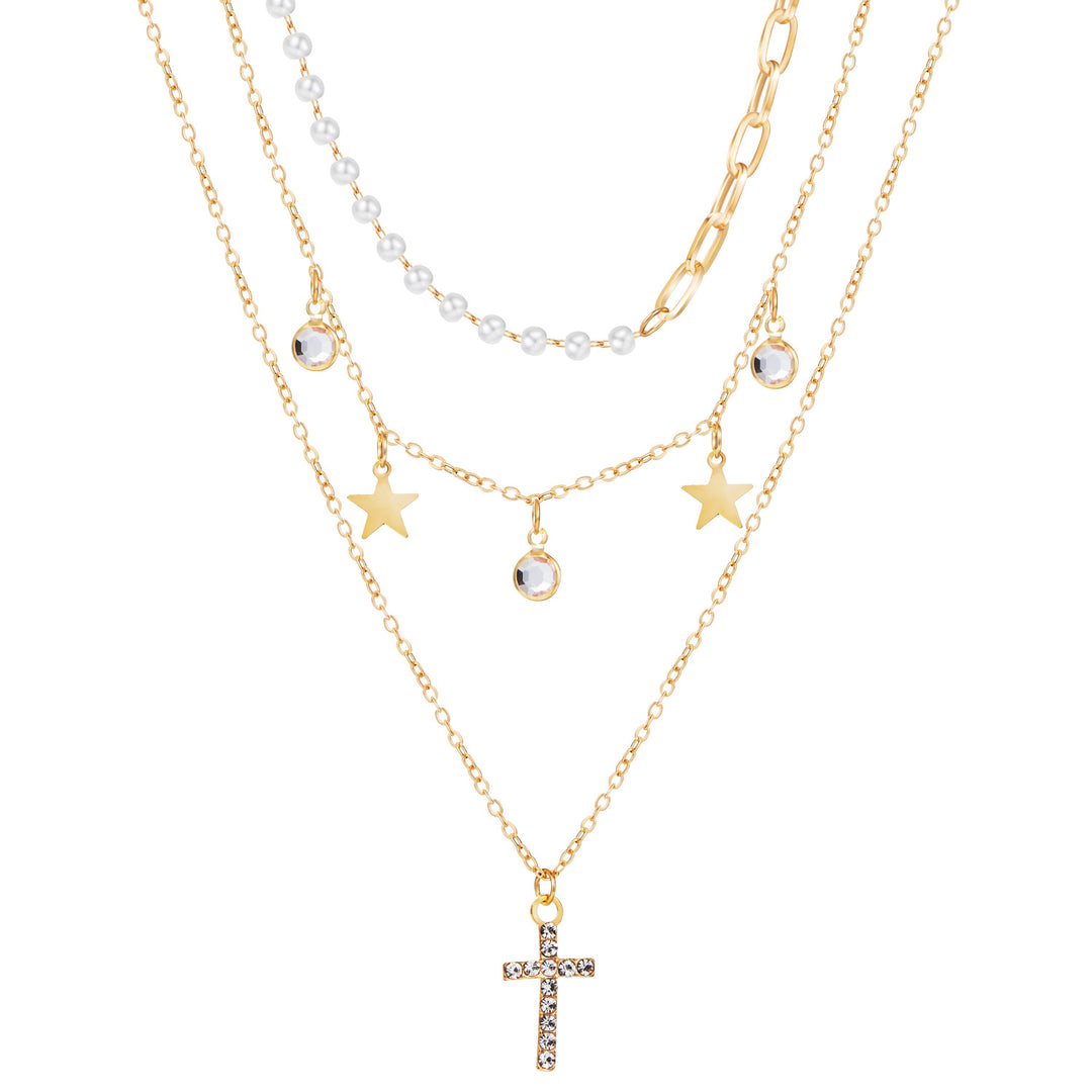 CALORA_ Elegante Gouden Parel Kettingen Set met Kristallen Hangers voor de Moderne Vrouw