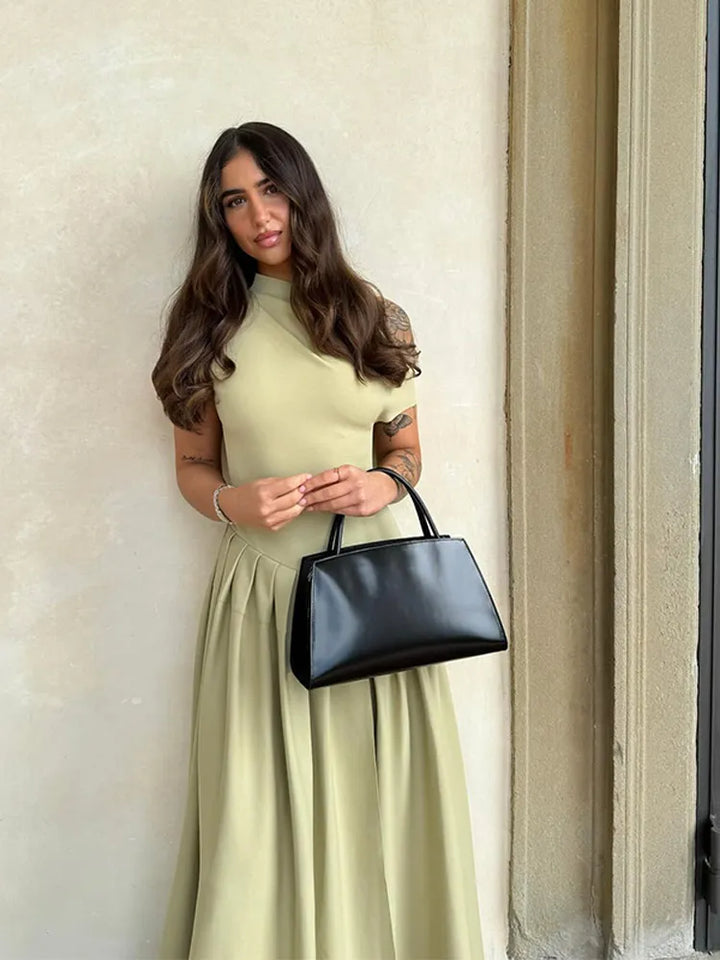CALORA_ Elegante Groene Geplooide Jurk Met O Hals En Korte Mouw
