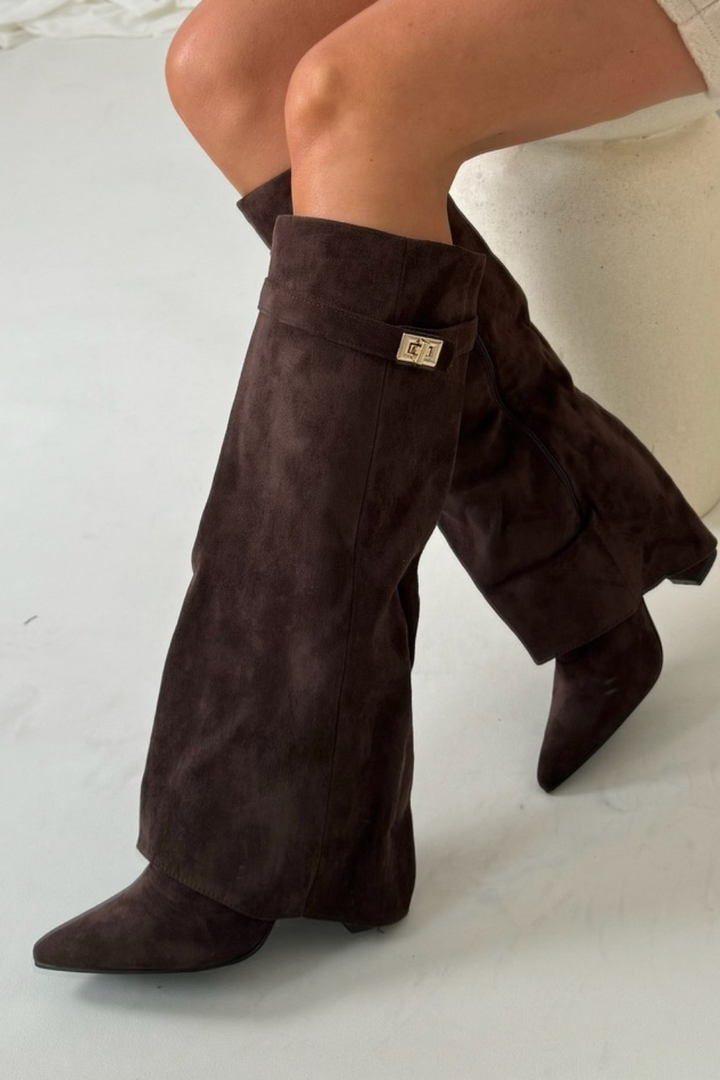 CALORA_ Elegante Hoge Laarzen Met Flap En Blokhak Van Leder
