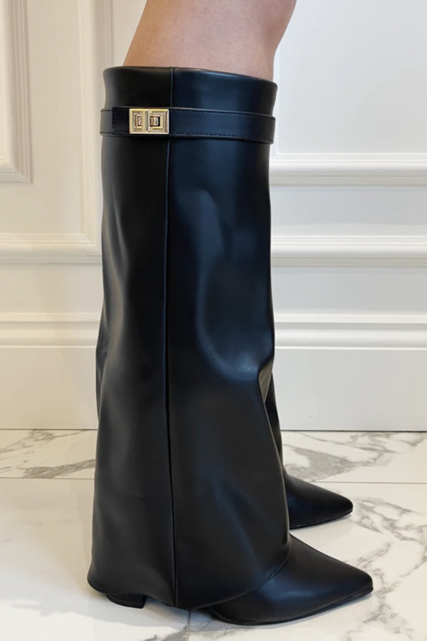 CALORA_ Elegante Hoge Laarzen Met Flap En Blokhak Van Leder