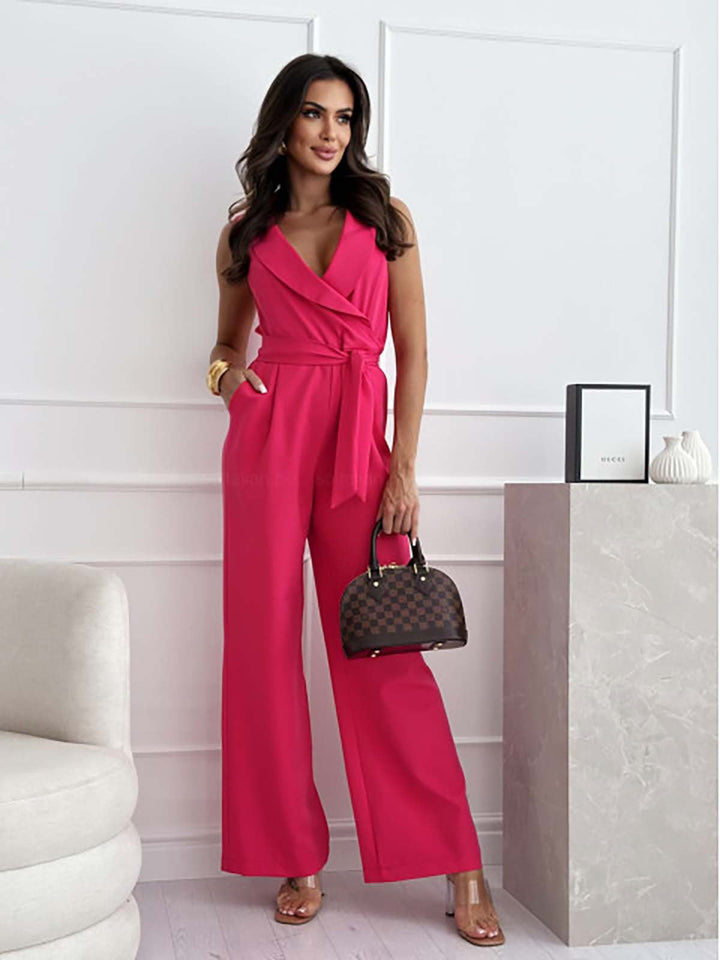 CALORA_ Elegante Jumpsuit met open hals en Wijde Pijpen