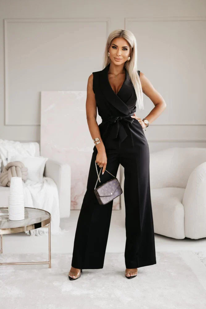 CALORA_ Elegante Jumpsuit met open hals en Wijde Pijpen