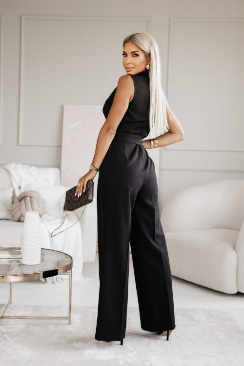 CALORA_ Elegante Jumpsuit met open hals en Wijde Pijpen