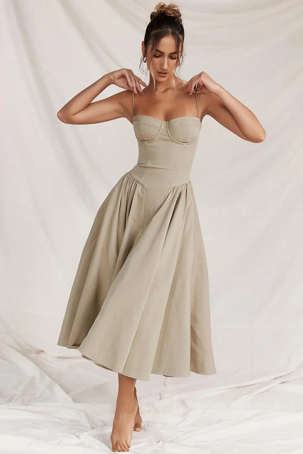 CALORA_ Elegante Lange Jurk Met Ruches En Smalle Spaghettibandjes