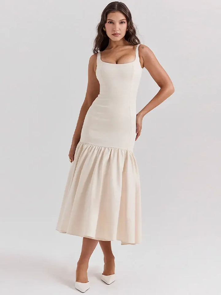 CALORA_ Elegante Lange Jurk Met Ruches En Smalle Spaghettibandjes