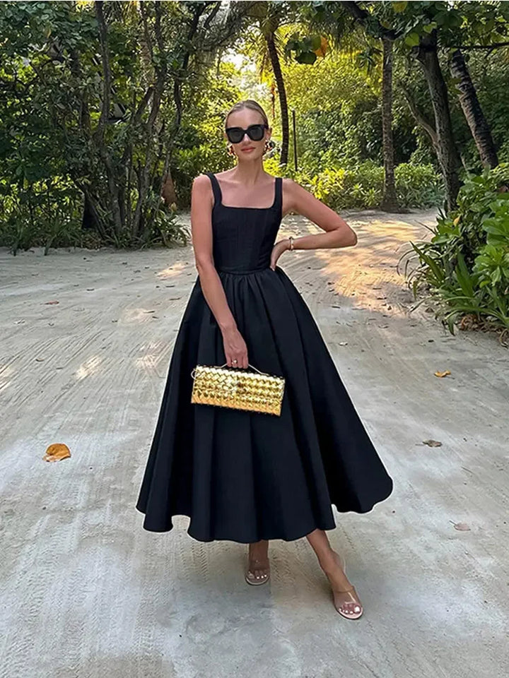 CALORA_ Elegante Lange Jurk Met Ruches En Smalle Spaghettibandjes