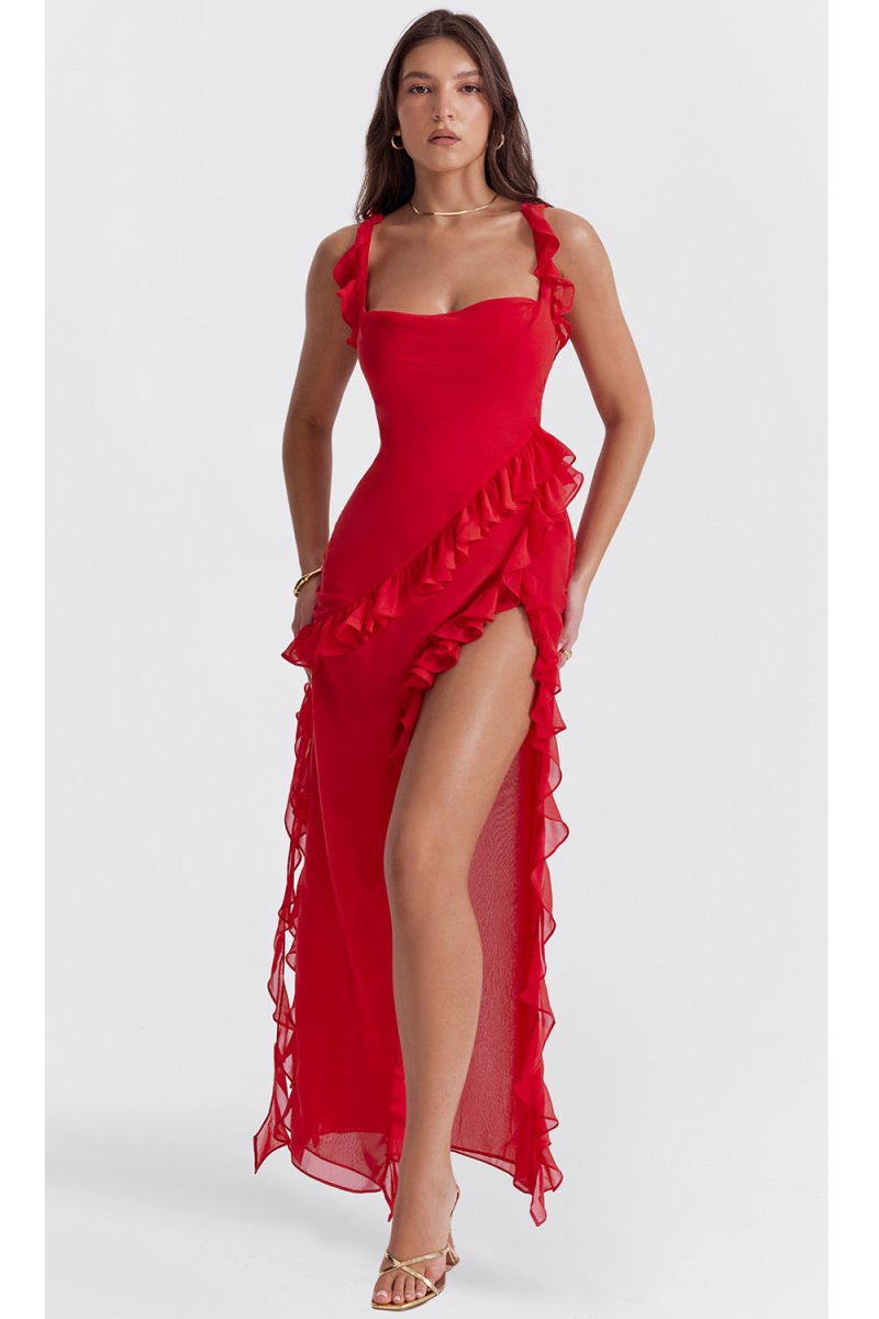 CALORA_ Elegante Lange Jurk Met Ruches Romantische Feestjurk