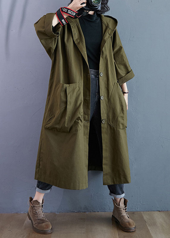 CALORA_ Elegante Legergroene Trenchcoat met Knoopsluiting en Capuchon