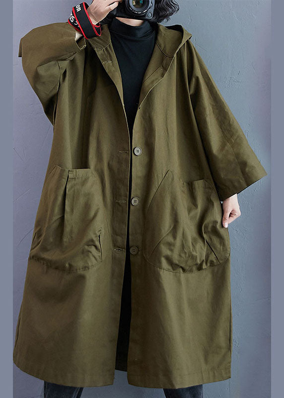 CALORA_ Elegante Legergroene Trenchcoat met Knoopsluiting en Capuchon