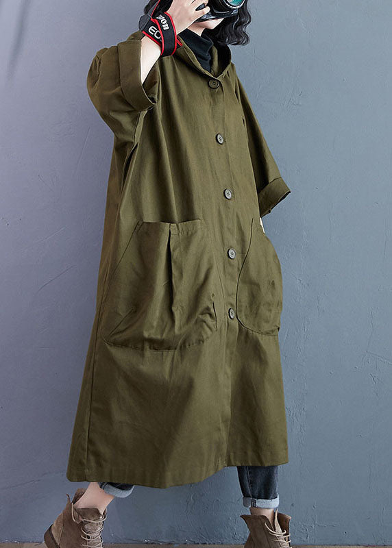 CALORA_ Elegante Legergroene Trenchcoat met Knoopsluiting en Capuchon