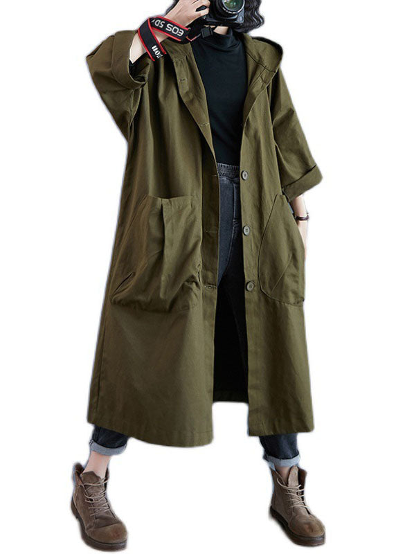 CALORA_ Elegante Legergroene Trenchcoat met Knoopsluiting en Capuchon