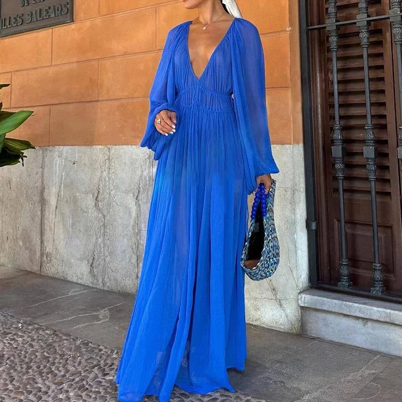 CALORA_ Elegante Maxi Jurk Met Vloeiende Rok Voor Feestelijke Avond