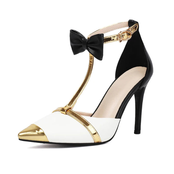 CALORA_ Elegante T-Strap Hakken met Puntige Neus in Goud-Paars