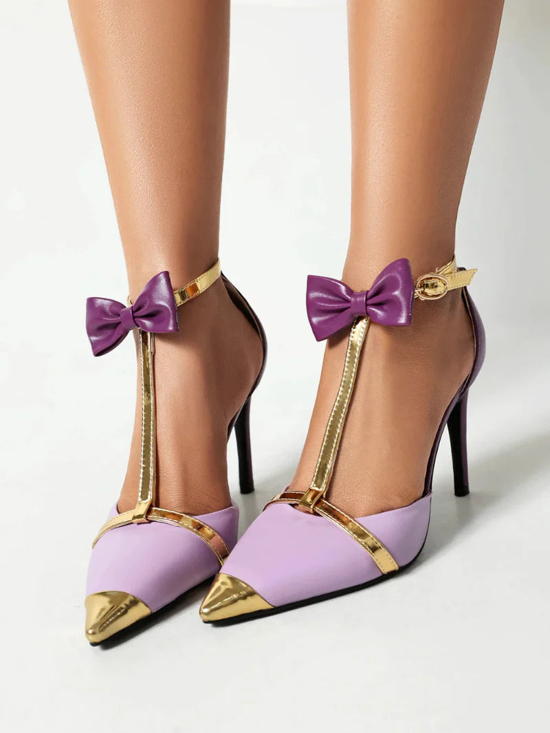 CALORA_ Elegante T-Strap Hakken met Puntige Neus in Goud-Paars