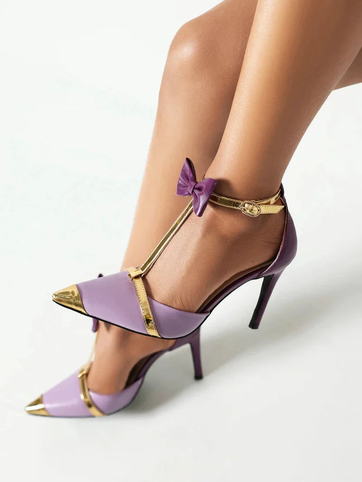 CALORA_ Elegante T-Strap Hakken met Puntige Neus in Goud-Paars