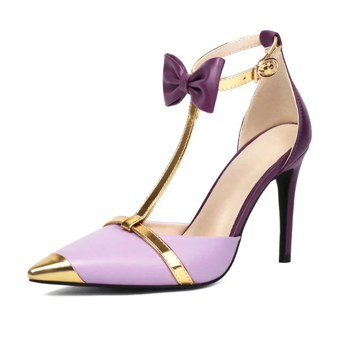 CALORA_ Elegante T-Strap Hakken met Puntige Neus in Goud-Paars